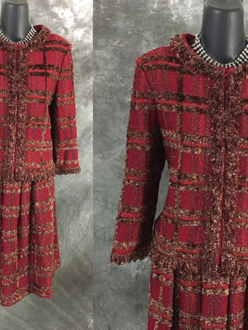 NWT NEW st john collection knit red wine multi fringe jacket skirt suit size 6